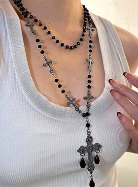 哥特风黑色十字架串珠项链女长款毛衣链小众设计感高级卫衣链配饰