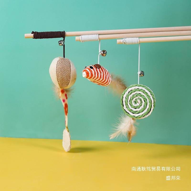 宠物用品  猫玩具麻绳逗猫杆木质手柄解闷互动新款老鼠逗猫棒
