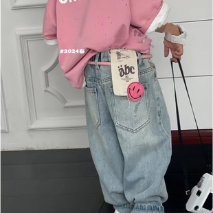 童装 长裤 2024男l女童春季 浅色宽松萝卜裤 笑脸柔软老爹 牛仔裤 韩版