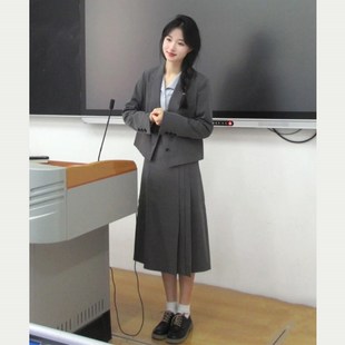 面试穿搭通勤正装 女春秋新款 小个子S西服百褶裙两件 套装 灰色西装