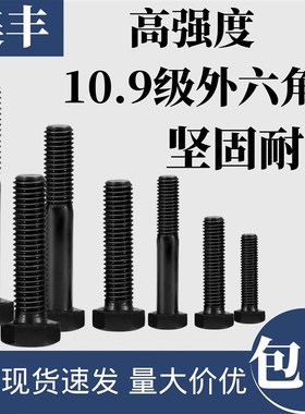 10.9级外六角螺丝黑色高强度螺栓全牙半牙加长碳钢六角头方M6~M64