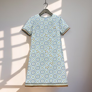 印花圆领C短袖 2025夏季 时尚 女装 收腰显瘦高级感轻奢气质连衣 新款