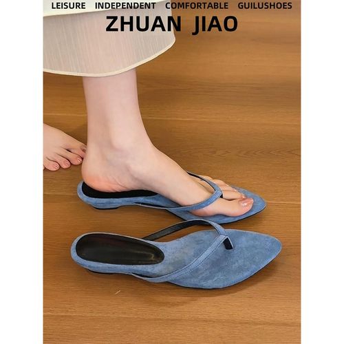 羊皮版~法式气质尖头人字拖鞋女夏外穿绒面M配裙子坡跟沙滩凉拖鞋