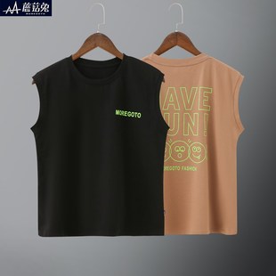 15岁男孩砍袖 洋气外穿12 O黑色T恤青少年宽肩背 薄款 胖童背心夏季