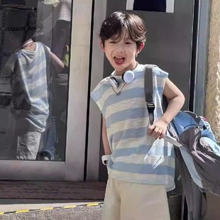 男孩宽松女童无袖 巨透气 F儿童砍袖 轻薄款 男童蓝色条纹背心夏季