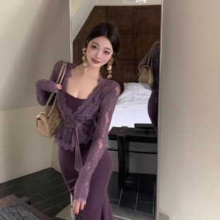 御姐风情万种 包n臀鱼尾吊带连衣裙两件套装 裙 修身 紫色蕾丝开衫