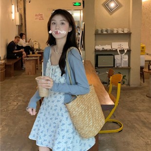 小清新初恋碎花吊带m连衣裙女春季 小个子系带收腰A字短裙 2023新款