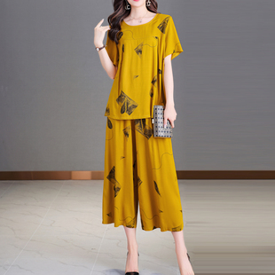 夏季 宽松大码 新款 两件套女韩版 睡衣套 棉绸印花短袖 中老年妈妈e装