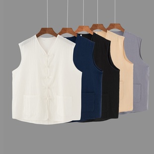 衬衫 夏季 青年无袖 汉服汗衫 休闲坎 复古中国风盘扣棉麻背心w男唐装