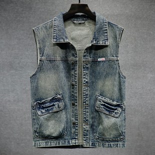 新款 无袖 工装 复古怀旧大码 马夹坎肩背心外 帅i气牛仔马甲男士 春季