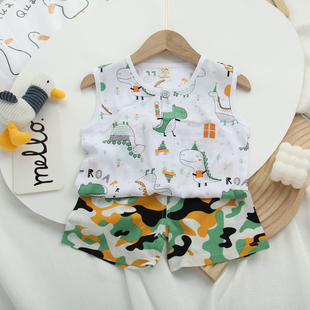 套装 012儿童夏季 无袖 绵绸家居服人B造棉男女宝宝棉绸背心短裤 簿款