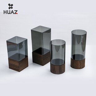 带木托花瓶防摔亚克力q直筒花瓶客厅插花摆件装饰轻奢高级感中式