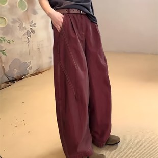 新款 女2025年夏季 百V搭休闲风阔腿 酒红色舒适棉麻弯刀裤 欧货正品