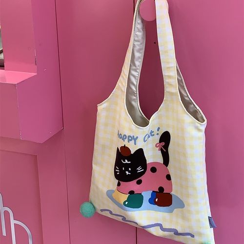 自制上课单c肩背心包女学生元气绒布大容量帆布包出游购物袋印花