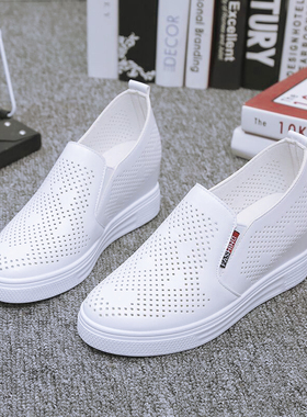 内增高小白鞋女202o2年夏季百搭网面镂空透气运动休闲鞋一脚蹬网