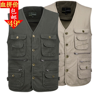 中老年春秋多口袋纯棉马甲男士 全棉马甲户外钓R鱼摄影记者马夹背