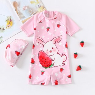 泳衣2024新款 女童可q爱卡通草莓兔连体女宝游泳衣3岁5防晒儿童泳