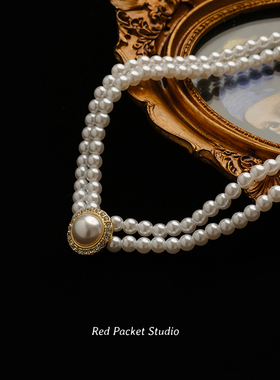 红口袋 双层珍珠项链法式复古新娘婚纱配饰赫本风晚宴写真锁骨链