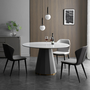 大理石餐桌圆桌带转n盘现代家用圆形餐桌椅组合意式 天然岩板吃饭