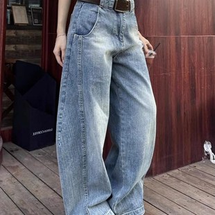 男女2024秋高M街宽松阔腿休闲垂感长 复古解构弯刀牛仔裤 大码 美式