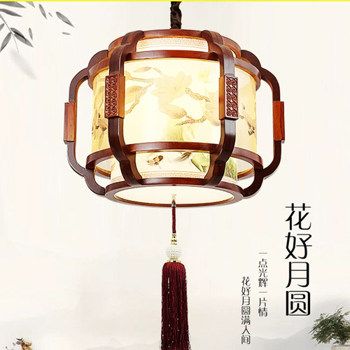 中式仿古实木吊灯餐厅酒店卧室客厅书房灯中国风酒楼木艺羊皮灯具