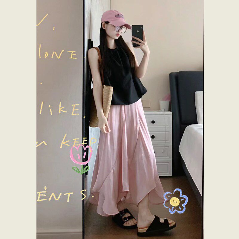 度假风短款吊带挂脖褶皱背心女夏季粉色高腰Oa字半身裙鱼尾裙套装图片