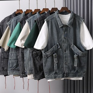口袋X潮流背心外 休闲百搭街头男女工装 牛仔马甲宽松无袖 外套时尚