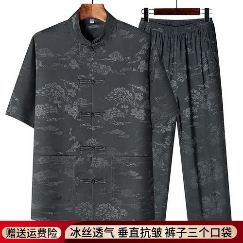 唐装男短袖爸爸夏装套装中式中老年人爷爷夏季中国风X薄款覆古衣