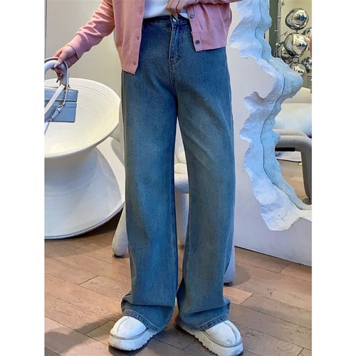 M肉卷家微胖大码女装麦穗肌理感小众设计直筒显瘦U遮肉阔腿牛仔裤