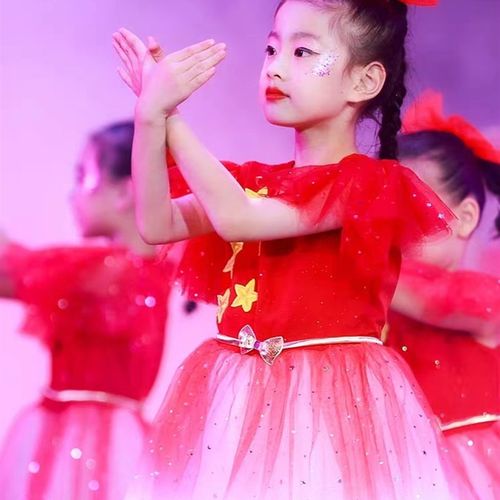 儿童演出服蓬蓬裙女童舞蹈纱裙小学生红歌M合唱服把未来点亮表演