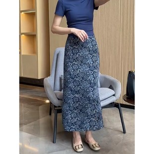 休闲长裙 高腰薄款 气质印花蓝色宽松后开衩A字裙女2025年夏M季 新款