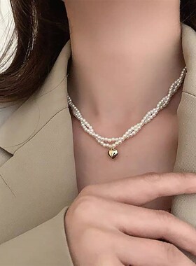 珍珠项链女复古小众高级感双层叠戴爱心项链锁骨链麻花珍珠颈链潮