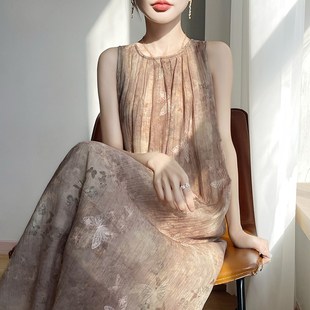 连衣裙女s法式 无袖 复古印花吊带裙宽松显瘦度假沙滩长 新款 25夏季