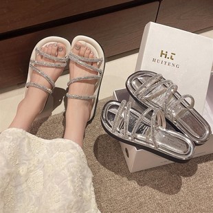 新款 子一字凉拖女Z鞋 法式 女配裙子平底鞋 软底拖 银色凉鞋 2025夏季