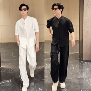 男士 冰丝凉感休闲运动套装 简约百搭短袖 衬衫 两件 夏季 .长裤 轻薄款