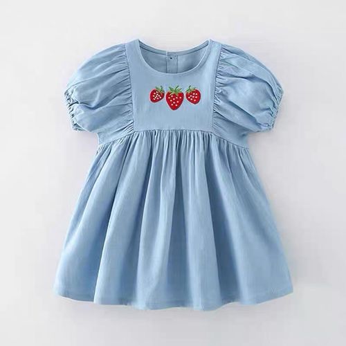 女童短袖连衣裙宝宝纯棉夏装3岁儿童半袖娃娃牛仔裙草W莓公主裙子