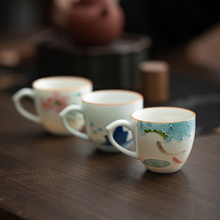 手绘功夫茶具品j茗杯单个带把手不烫手茶杯主人杯家用办公喝茶杯