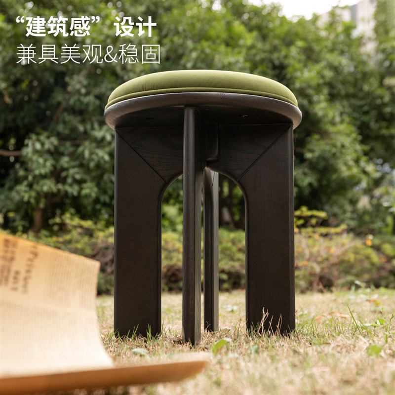 氏木语西物实木复古软包凳橡木黑色休闲凳吃饭