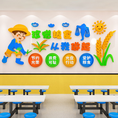 珍惜约粮食食堂画员工饰餐饮光盘行动标语
