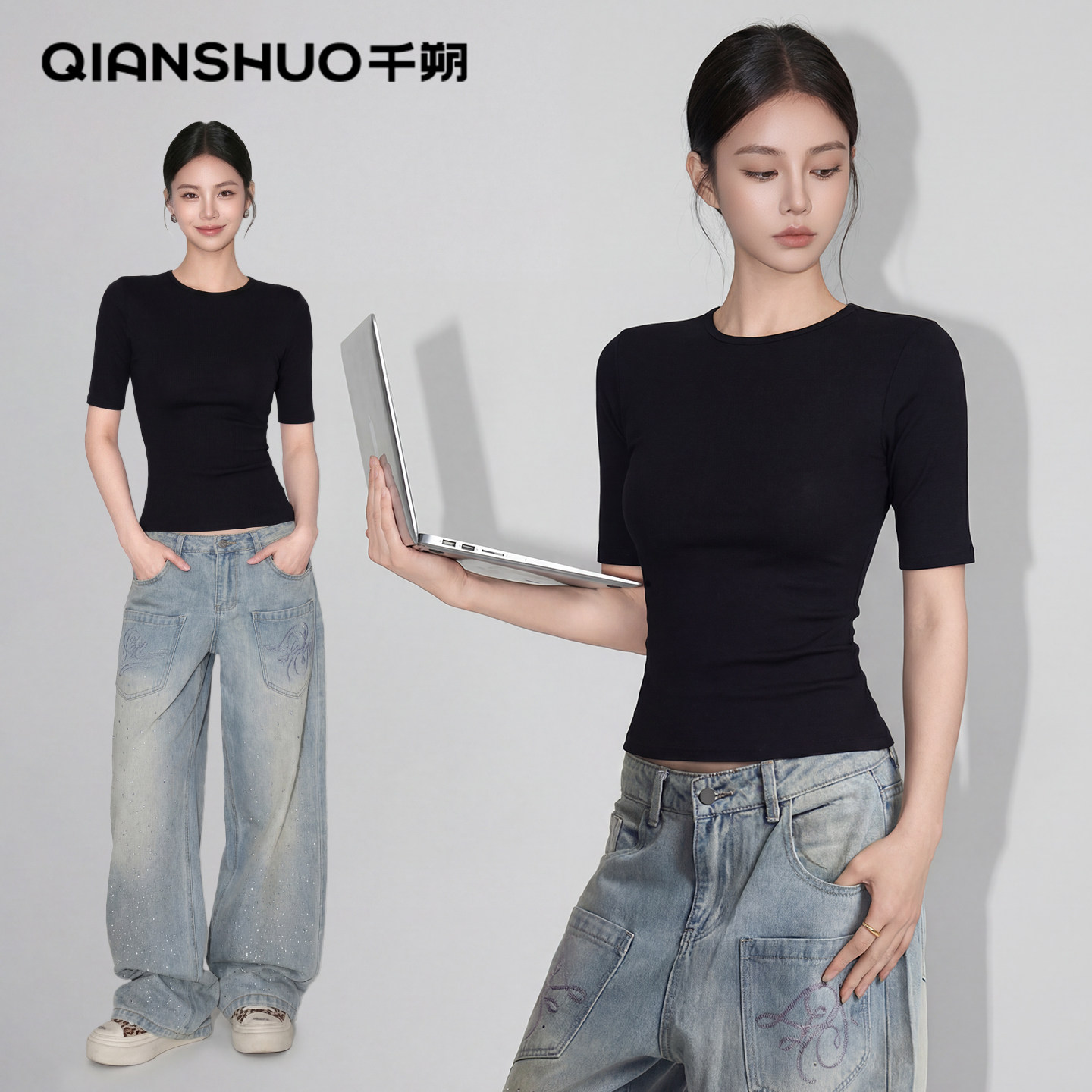 千朔中袖t恤女款2026新款小圆领修身显瘦基础款正肩五分短袖上衣