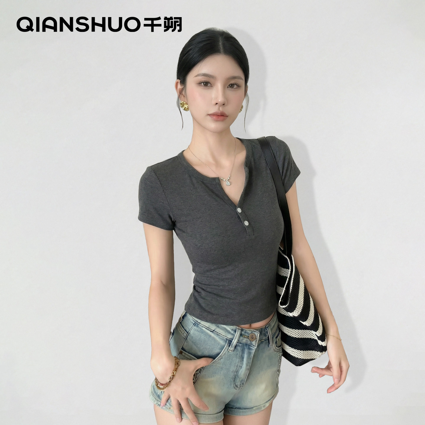 千朔亨利衫小V领短袖显瘦T恤女