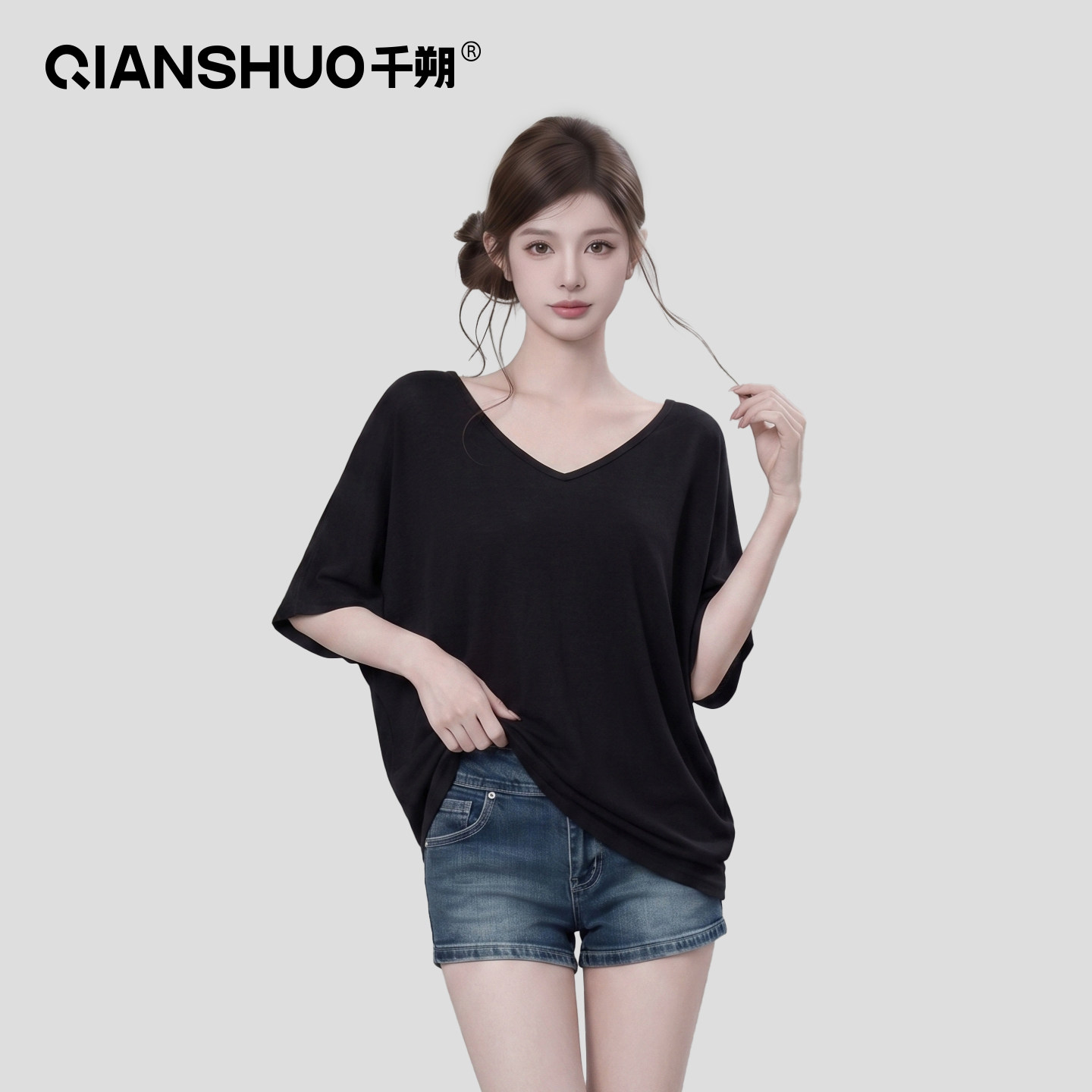 千朔蝙蝠袖V领防晒罩衫女短袖T恤