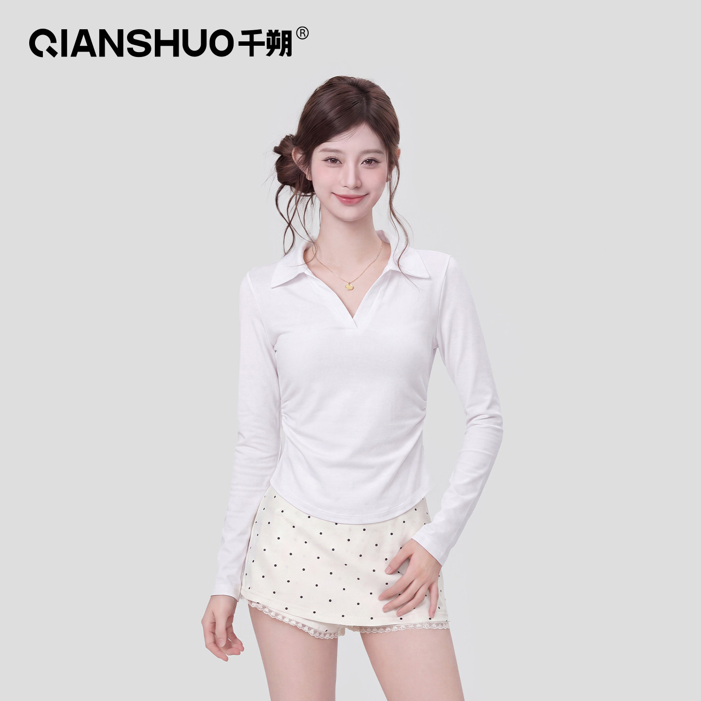 千朔白色POLO翻领长袖T恤女早秋基础款通勤风气质显瘦内搭针织衫