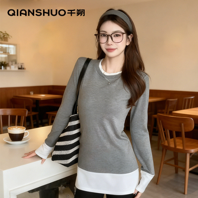 千朔拼接假两件打底衫女中长款