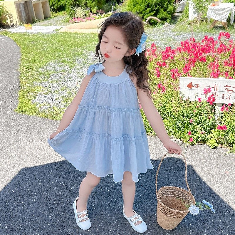 女童连衣裙夏装2024新款洋气无袖挂脖儿童吊带裙子宝宝夏季公主裙