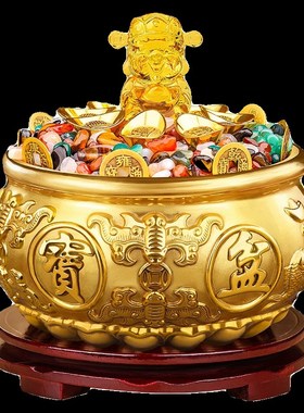 五彩石铜聚宝盆摆件招财聚财五色黄铜米缸存钱罐客厅店铺前台装饰