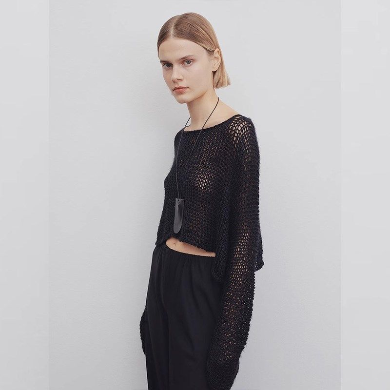 ROW 上衣女2024春夏极简设计性感薄款镂空罩衫长袖防晒套头针织衫