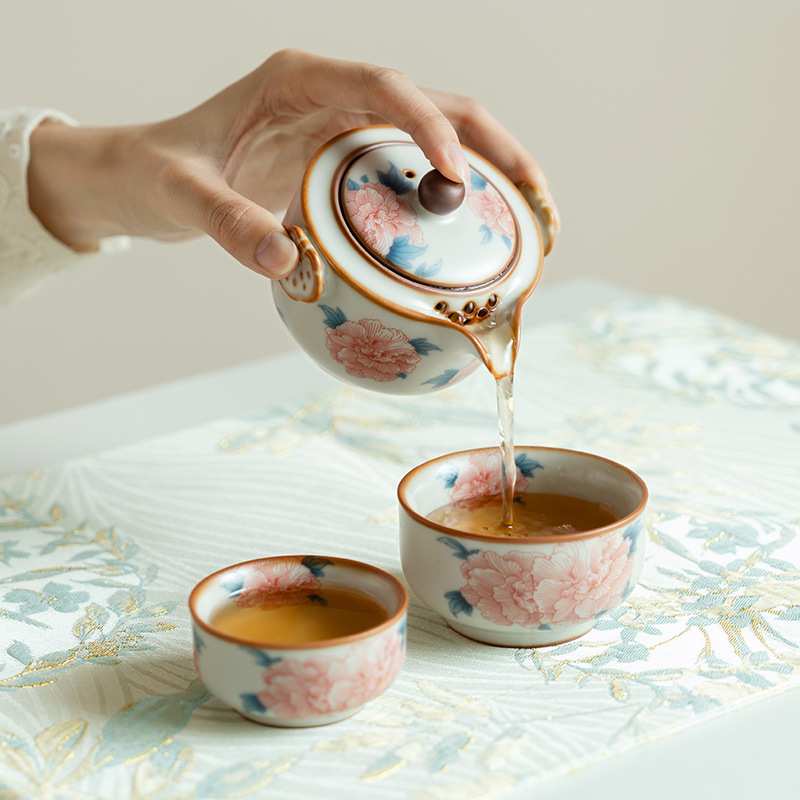 汝窑芙蓉花旅行茶具手抓壶快客杯套装便携式二人茶具一壶二杯