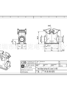 HARTING浩亭19300100272哈丁矩形连接器表面安装底座高结构双锁扣