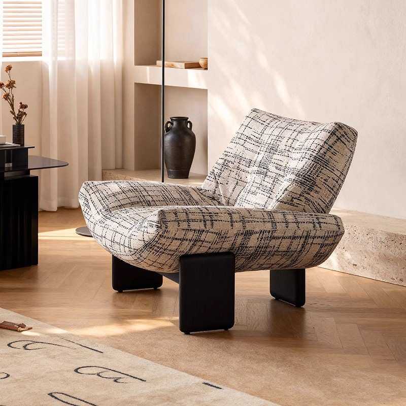 法式复古风单人沙发椅简约黑白格纹布艺别墅客厅卧室设计师办公椅